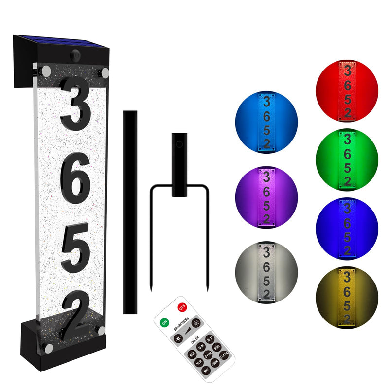Solar House Numbers for Outside, Acrylics Solar Address Sign with Iron Stakes, Waterproof RGBW Color Changing Remote Control, Lighted Modern Address Plaque Solar Powered for Street Yard Home Multi Digit Multi Color
