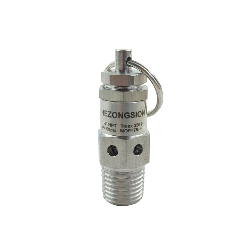 Mini 1/4" NPT Male Adjustable Pressure Relief Valve SS304 Stainless Steel PRV Safety Valve with Lock, 60psi Set Pressure,40-75psi Adjustable Pressure Range