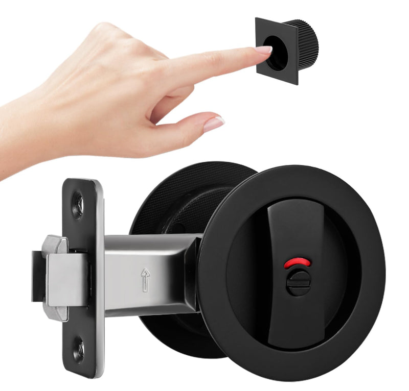 Matte Black Pocket Door Hardware with Indicator, Heavy Duty Round Pocket Door Lock, Pocket Door Hardware Black, Solid Pocket Door Hardwares for Bathroom(1 Pack) 1 Pack 2 3/8" Backset Matte Black