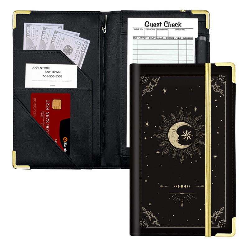 Server Book, Cutaswish Server Books for Waitress Cute, Waiter Receipt Book, PU Leather Waitress Book with Zipper Pocket, Waitress Accessories(Sun&Moon) M