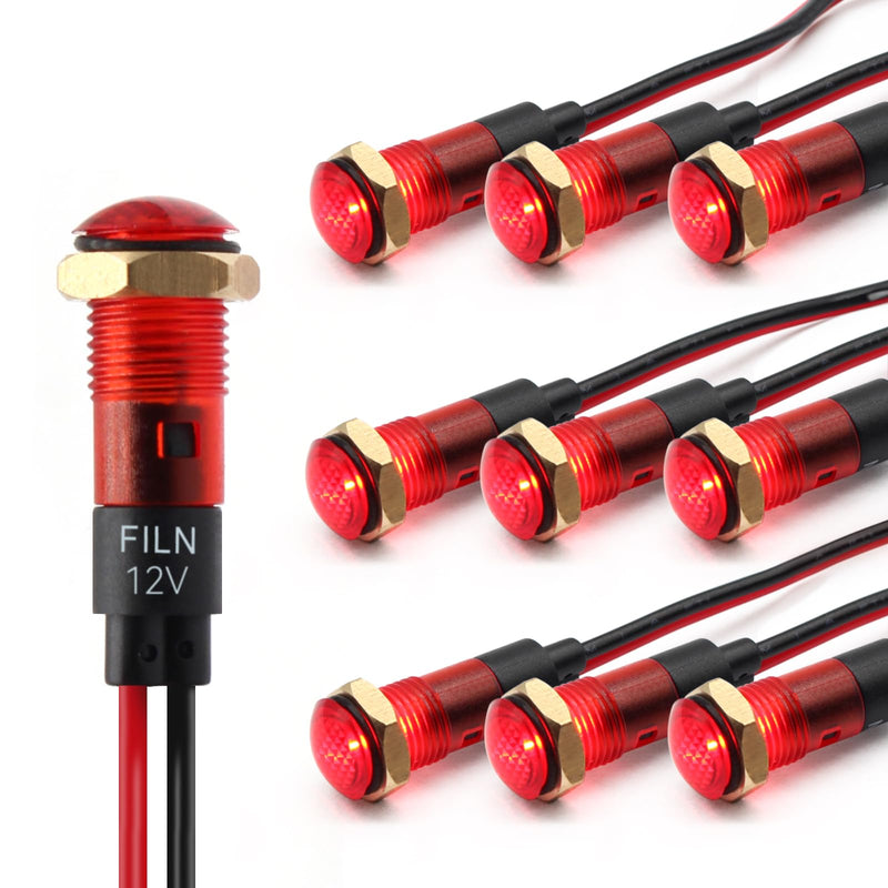 10 Pcs 8MM(5/16'') Indicator Light 12V Power LED Indicator Light Metal Panel Lights Pilot 12V 24V Red Pilot lamp with Signal Light (10PCS Red) 12V-24V