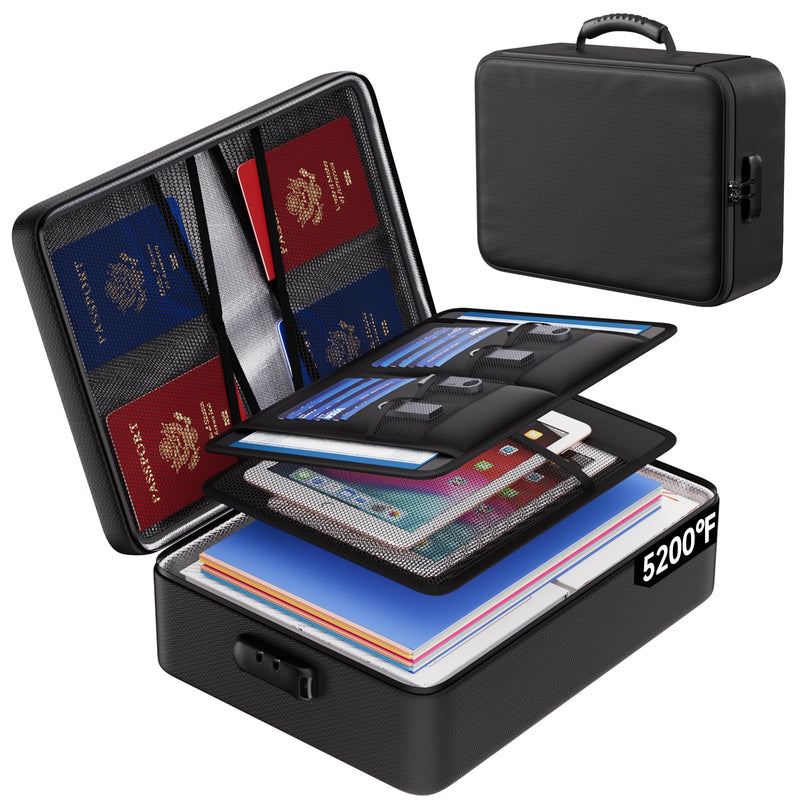 ENGPOW 5200°F Fireproof Document Bag with Lock,Upgraded Heat Insulated Fireproof＆Waterproof Box 8 Layers Document Organizer,Portable Home Travel Safe Storage for Important Documents, Files, Laptop Black 5200℉ Soft box