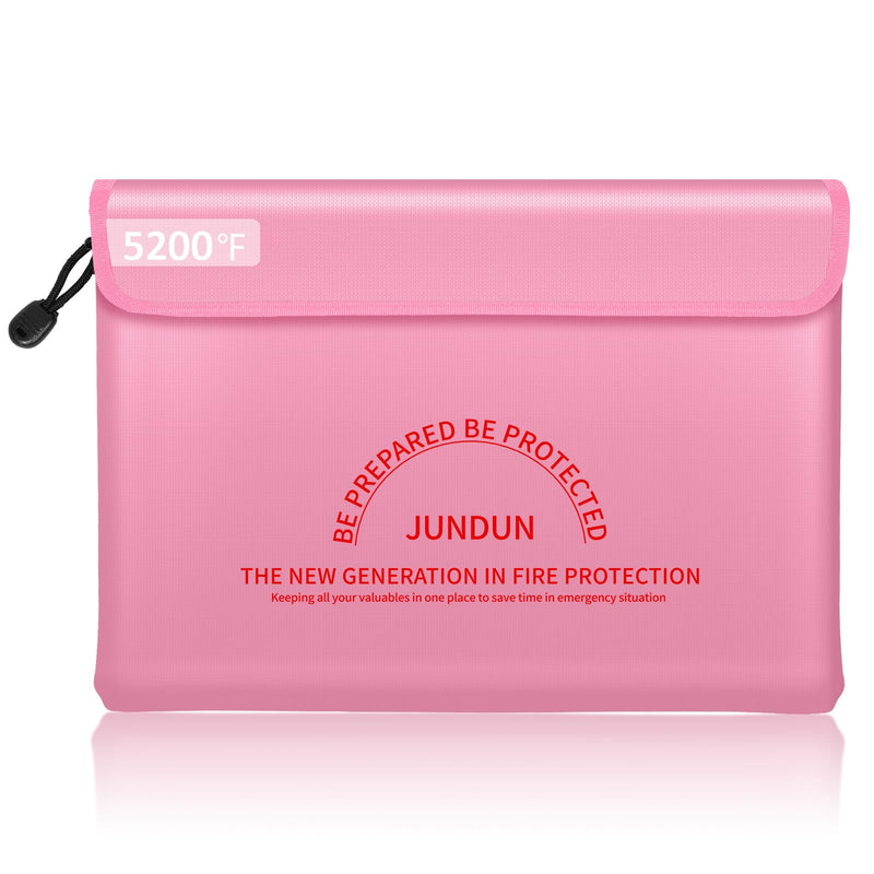 JUNDUN Fireproof Document Bag with 5200℉ Heat Insulated,14.0”x10.4” Waterproof and Fireproof Money Bag,8 Layers Thickened Fire Safe Storage Bag Pouch with Zipper for Document,Money and Cash,Pink Pink Large