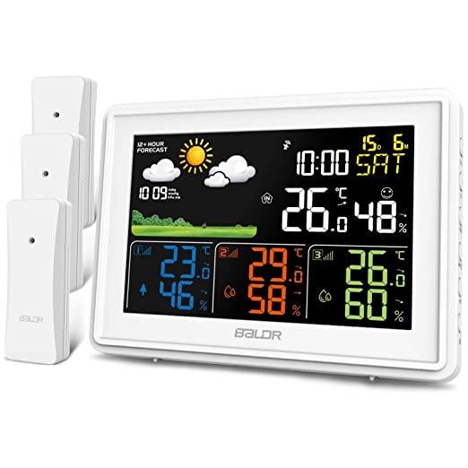 BALDR Wireless Weather Station with 3 Sensors, Color Display Digital Atomic Clocks with Indoor Outdoor Temperature White