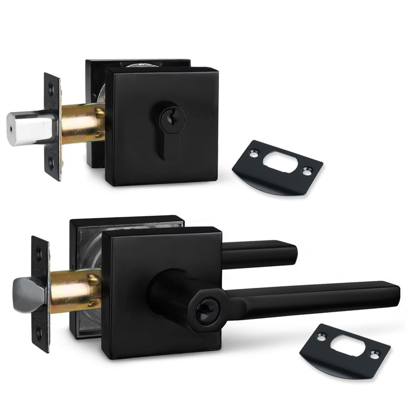 NEWBANG Square Heavy Duty Keyed Entry Combo with deadbolt and Lever Door Handle in Matte Black (for Entrance/Exterior/Front/Office Door) Left or Right Handed 1 Pack