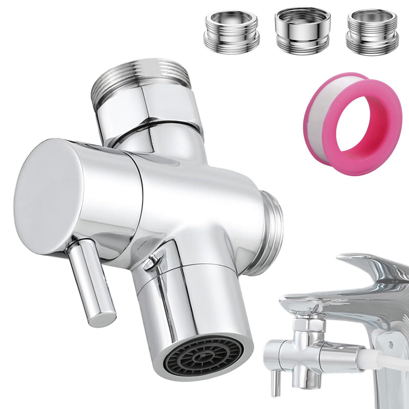 3 Way Shower Diverter Valve, Solid Brass Shower Diverter Valve, Sink Valve Diverter Faucet Splitter for Kitchen or Bathroom, Faucet Diverter Valve Adapter with M22-M24, M22-G1/2 Adaptor, Sliver metal sliver