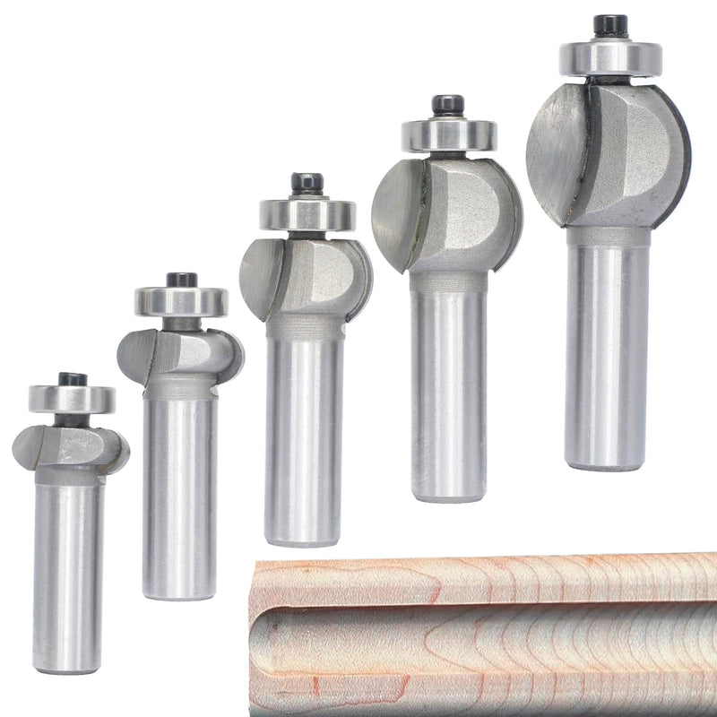 5Pcs Edging Fluting Bits Set,1/2" Shank, Concave Sunk Bead Router Bits Radius R4mm,R5mm,R5mm,R11.3mm,and R13.6mm,Bearing Guided Decorative Edge Bits for Wood Profiling,Molding 1/2"x 5pcs