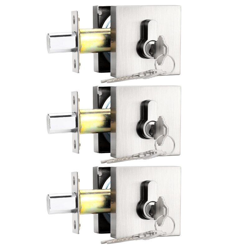 Probrico Satin Nickel Double Cylinder Deadbolt,Keyed Both Side,Residential Security Square Door Lock for Interior and Exterior,3Pack 3