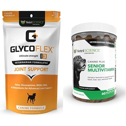VetriScience Glycoflex 3 Clinically Proven Hip and Joint Supplement for Dogs, 120 Chews & Canine Plus MultiVitamin for Senior Dogs, 60 Chews - PawsPlanet Australia