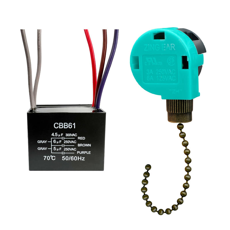 YukiHalu Ceiling Fan Pull Chain Switch 3 Speed 4 Wire, Ceiling Fan Capacitor CBB61 4.5uf + 6uf + 5uf 5 Wire 250V, Light Switch for Fan and Light (Antique) Antique, 4.5+6+5uF