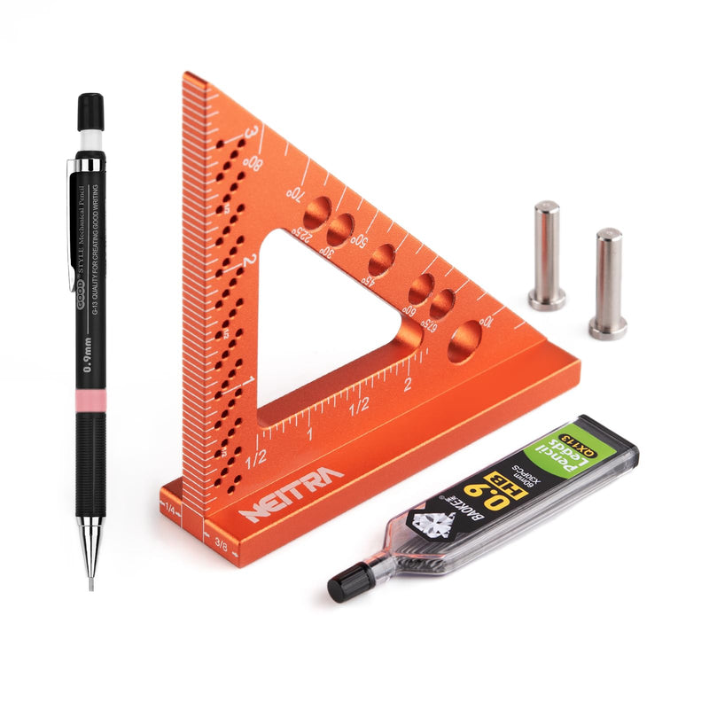 Neitra Small Square Ruler with Fixed Angle Pin, Accurate Compact Aluminum Alloy Mini Squares with Laser Etched Markings, Includes a Mechanical Pencil for Carpenter Woodworking Furniture Projects Orange 3.5 Inch