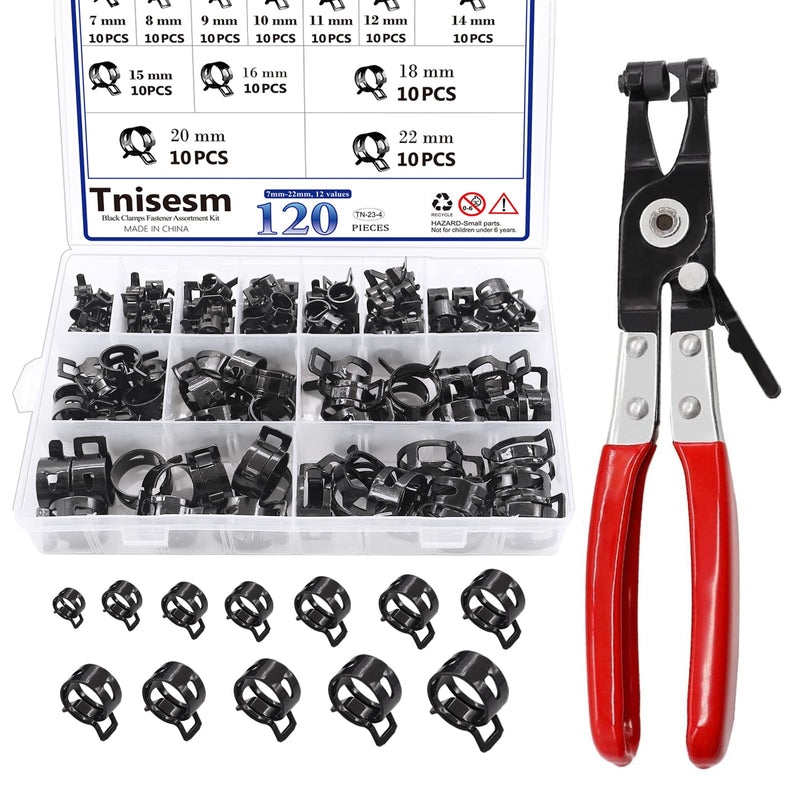 Tnisesm 121Pcs 7-22mm Spring Hose Clamp Assortment kits with Swivel Flat Band Fuel Hose Clamp Plier, Silicone Vacuum Hose Action Pipe Clamp Low Pressure Air Clip Clamp hoses clamps sleeving(Black) Black