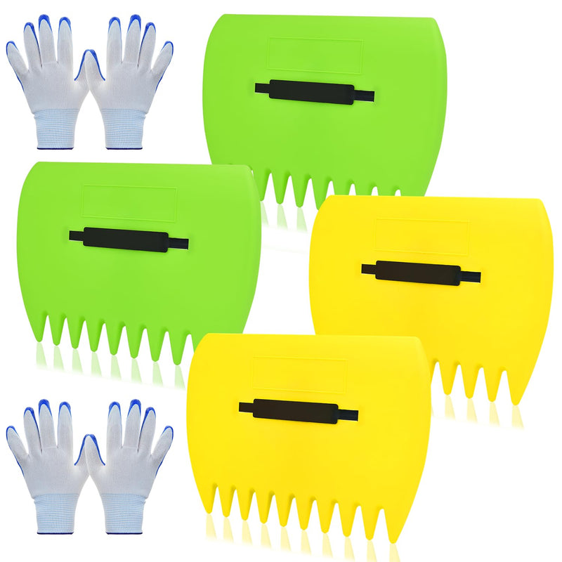 2 Sets Leaf Scoops Hand Rakes, Leaf Scoops and Claws with 2 Pairs Gloves, Lightweight Plastic Leaf Scoop, Large Leaf Grabbers for Picking Up Leaves, Clippings, Grass(2 Sets,Yellow+Green) 2 Sets,Yellow+Green