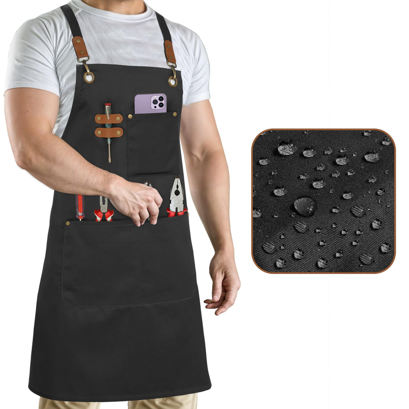 RUVANTI Work Apron for Men, Oil & Water Repellent, Poly Cotton Cross Back Aprons for Women with Pockets, Adjustable up to XXL Black - 3 Pockets - Pack of 1 Water Repellent Apron