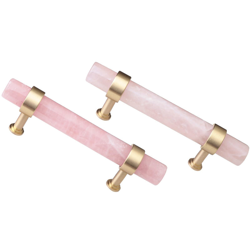 mookaitedecor 2 Pcs Brushed Brass with Rose Quartz Crystal Drawer Knobs Pink
