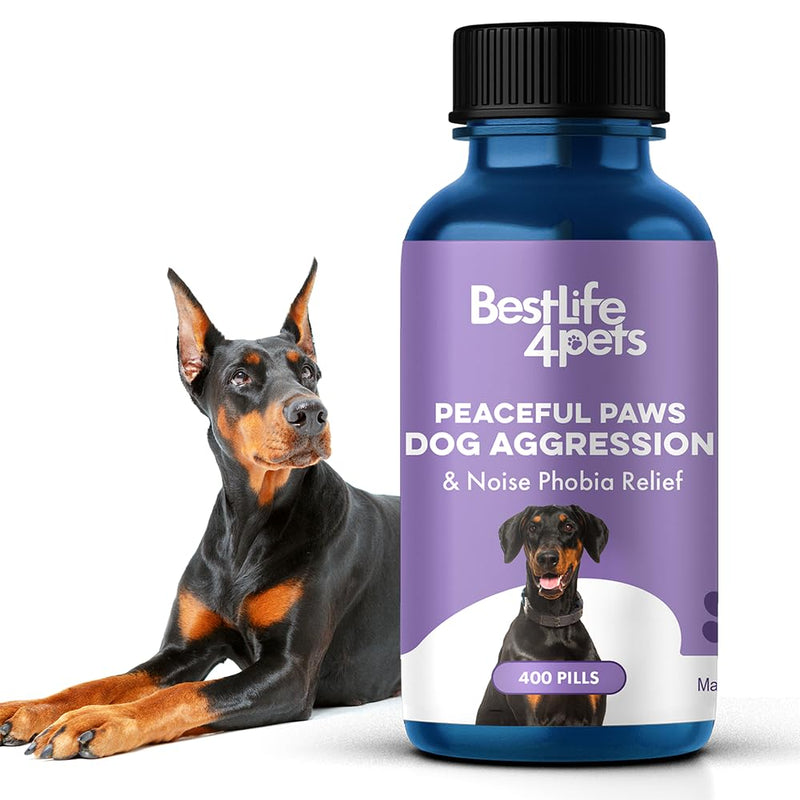 Peaceful Paws Dog Aggression & Noise Phobia Relief, Anxiety Relief for Dogs, Dog Calming Remedy for Biting, Barking, Chasing, Attacking, and Other Canine Behavior Issues, 400 Non-Drowsy, Small Pills - PawsPlanet Australia