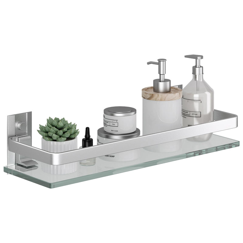 Danpoo Clear Tempered Glass Wall Shelf, Wall-Mounted Organizer for Bathroom, Kitchen(Matte Silver) Single Shelf