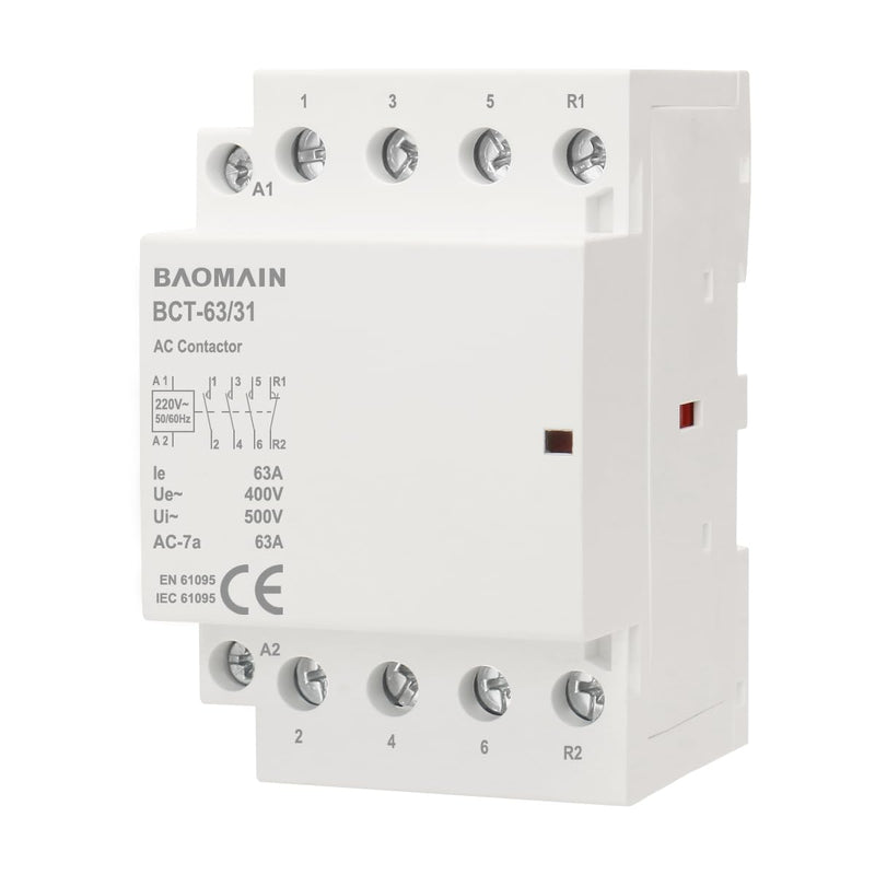 Baomain 220V AC 4-Pole Modular Contactor, 63A 3NO1NC Normally Open + Normally Closed, DIN Rail Mount for HVAC, Motor, Pump & Lighting Control BCT-63/31-220VAC 63 Amp. 220 VAC