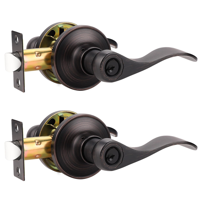 Probrico 2 Pack Entry Door Lever [Lock with 3 Keys],Locking Door Handle Set for Office or Front Door,Oil Rubbed Bronze Wave Entrance Door Lock with Key, Reversible Right & Left Side Handed Keyed Entrance-not keyed alike