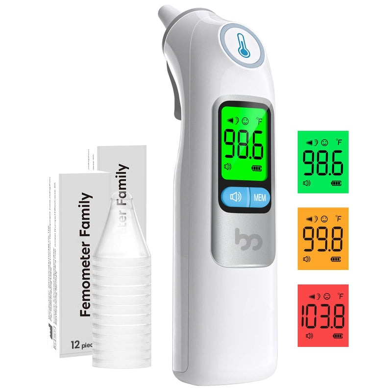 Ear Thermometer, Highly Accurate Ear Thermometer for Kids, Adults and Babies, 30 Memory Recall, 1s Result and 3-Color Fever Alert, with 24 Disposable Probe Covers, White LCD-White