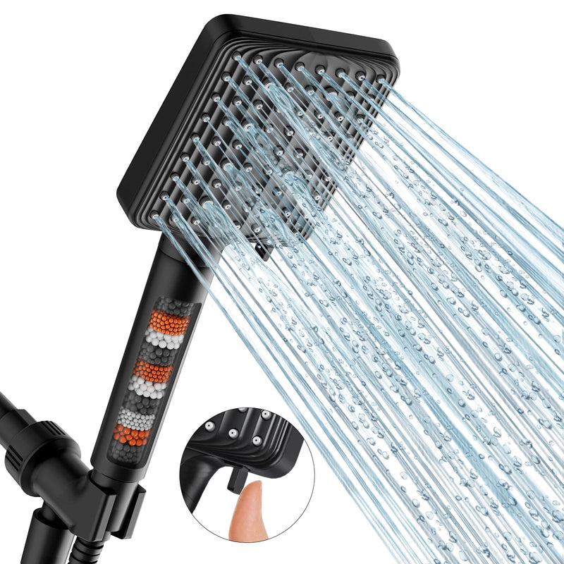 Filtered Shower Head Black - 6 Modes High Pressure Handheld Shower Head with Filter Mineral Beads, Detachable Handheld Showerhead Set with Stainless Steel Hose and Shower Arm Bracket Matte Black