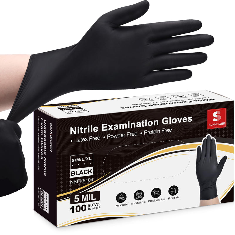 Schneider Nitrile Exam Gloves, Black, Large, Box of 100, 5 Mil Thick Disposable Gloves, Latex Free, Powder Free, Food Safe, Non Rubber for Medical, Cleaning & Cooking, Barbecue, Food Prep