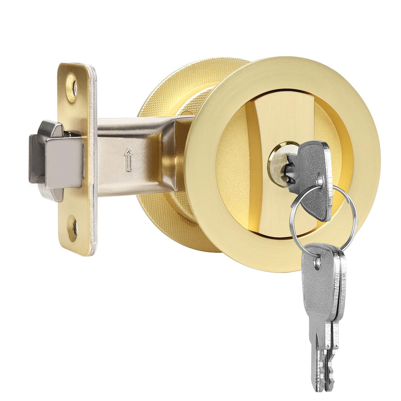 Dontay Pocket Door Keyed Lock, Round Contemporary Entrance Sliding Barn Door Lock Latch, Recessed 2 Sided, 2-3/8 inch Backset, Flush Handles Hardware(Satin Brass,1)