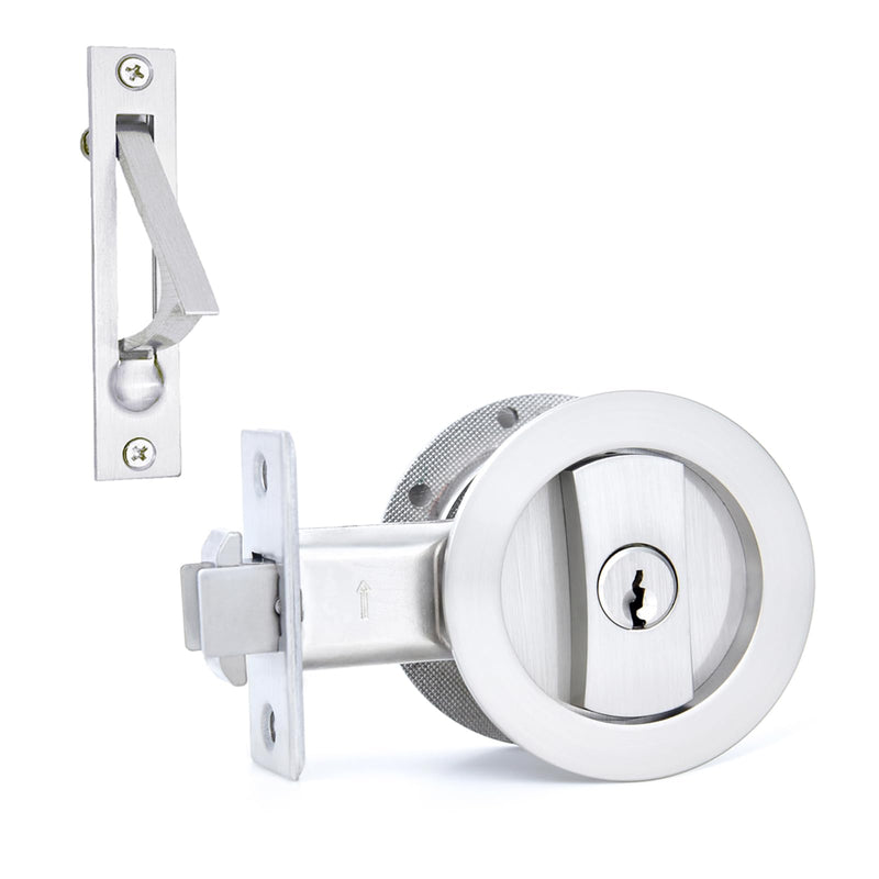 Dontay Pocket Door Lock with Key, Contemporary Entrance Sliding Barn Door Lock Latch, Recessed 2 Sided, 2 3/8" Backset, Flush Handles Hardware (Including Edge Pull, Brushed Nickel, Round - 1 Pack) Including Edge Pull