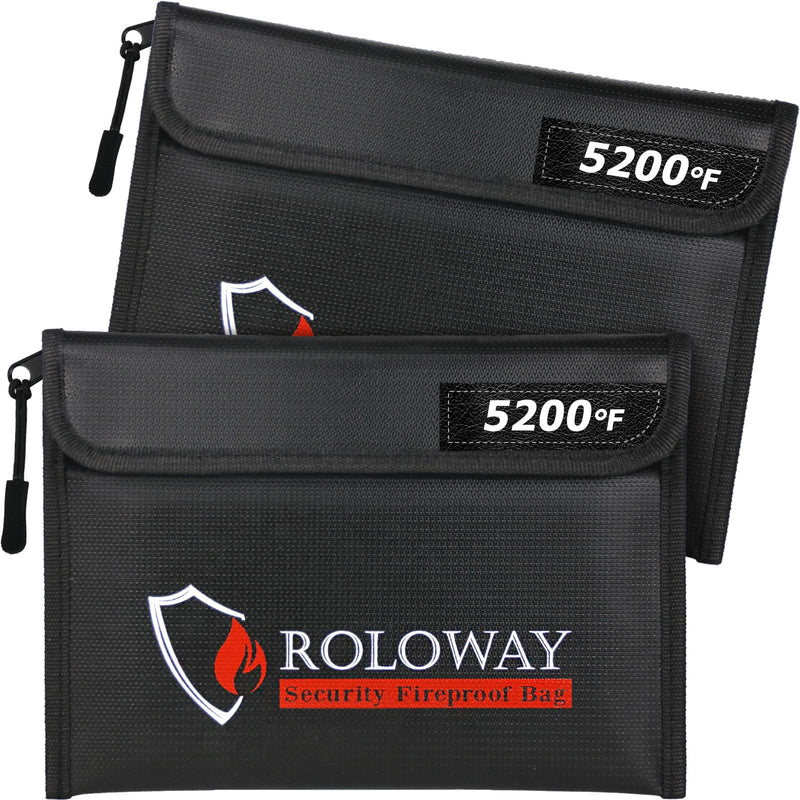 ROLOWAY Fireproof Bag (9.6 x 6.6 inches) 5200℉ Heat Insulated, Fireproof Money Bag with Zipper for Cash (2-Pack Black) 9.6 x 6.6 inch 5200℉ Black Bag
