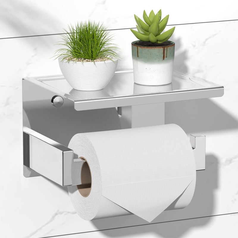 HITSLAM Toilet Paper Holder with Shelf, Stick on Chrome Tissue Roll Holder Self Adhesive or Wall-Mount with Storage Shelf for Bathroom Medium