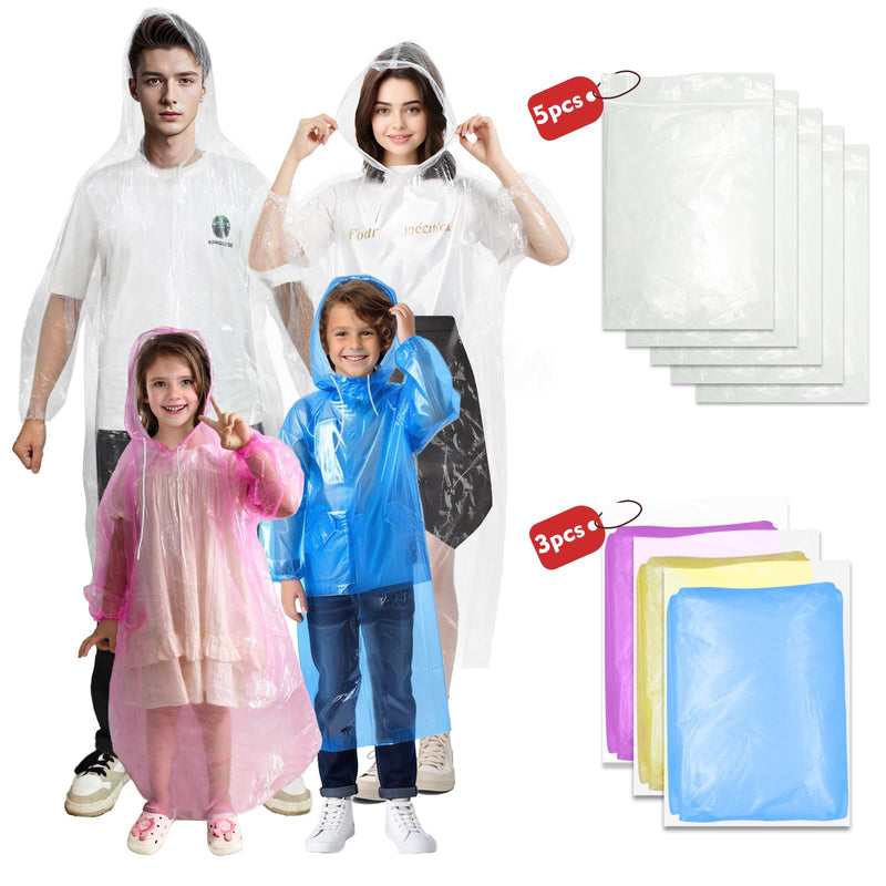 Ponchos Family Pack, (8 Pack) Rain Poncho for Adults and Kids Disposable Emergency Rain Ponchos 5 Adult +3 Child