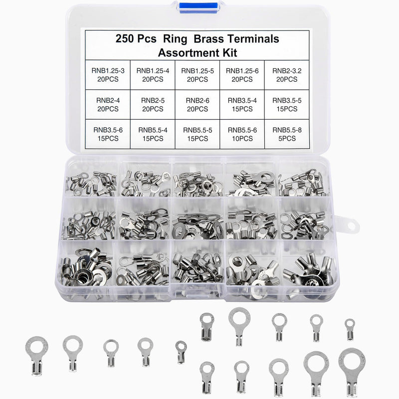 250pcs Non-Insulated Ring Terminals, Copper Ring Connectors Terminals, AWG22-16 16-14 14-12 12-10 Crimp Ring End Terminal, Electric Wire Connectors, Tin-Plated Wire Lugs Battery