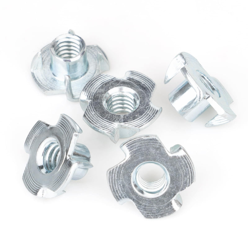 1/4"-20 T-Nuts (100 Pack), Zinc-Plated Steel Corrosion Resistant, 5/16" Barrel Length, 4-Pronged Tee Nut for Wood, Rock Climbing Holds, Cabinetry 1/4"-20 5/16"long100pcs Silver
