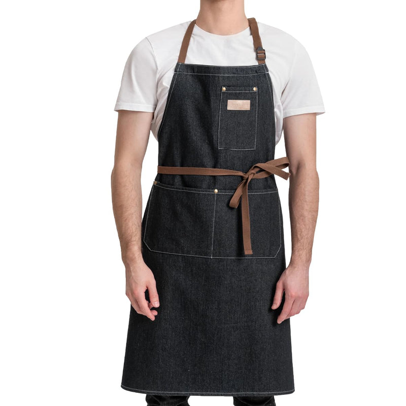 ROTANET Denim Work Apron with 3 Pockets Jean Shop Aprons for Chef Hairstylist Kitchen Woodworking for Men Women Blue Black