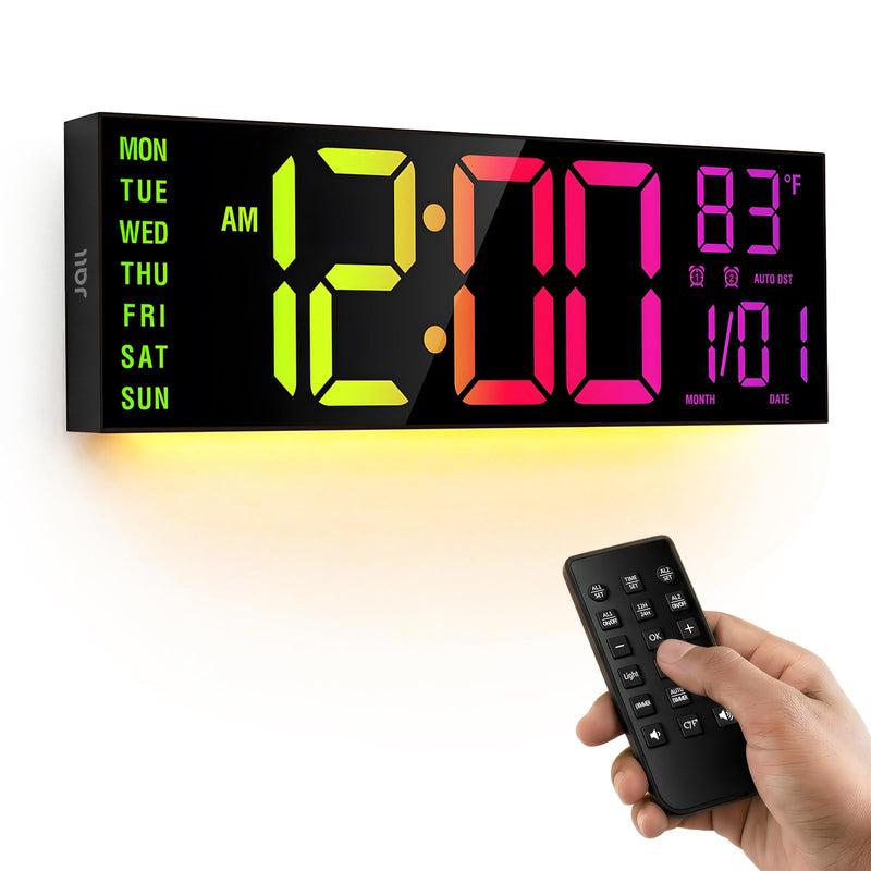 JALL 16.15 inch Large Digital Wall Clock, RGB Lights with Remote Control, Dual Alarms with Big LED Display, Auto DST, C° / F° Temperature for Classroom, Birthday Gift, Senior Black 16 inches