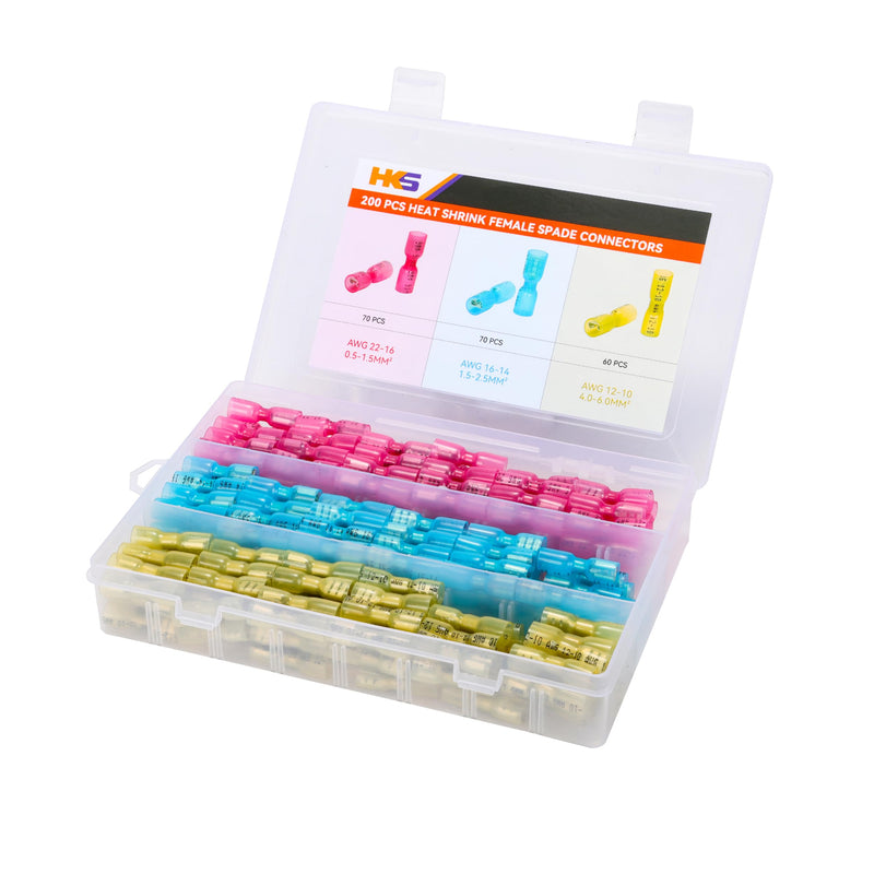 HKS 200PCS Female Spade Connector Kit - Heat Shrink Electrical Quick Disconnect Wire Connectors Kit - Tinned Red Copper - Automotive Marine Crimp Terminal - Waterproof and Insulated