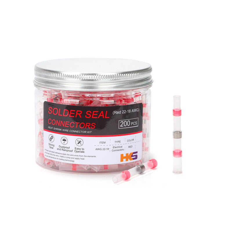 HKS 200 PCS Solder Seal Wire Connectors - Red 22-18 AWG - Heat Shrink Solder Butt Connectors - Automotive Marine Boat Crimp - Waterproof and Insulated Red 200pcs AWG22-18