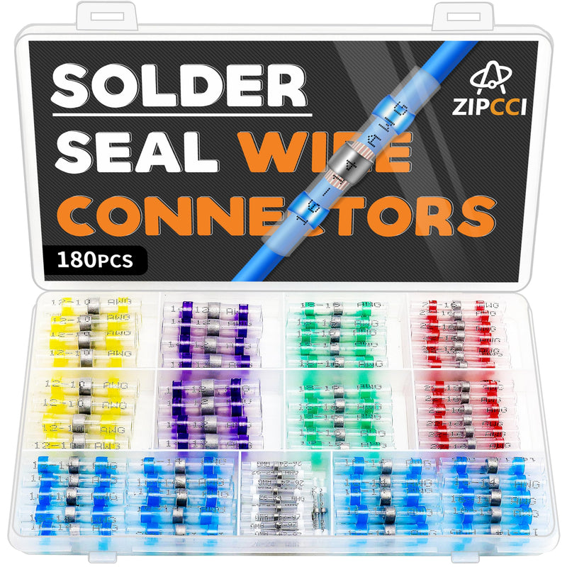 180Pcs Solder Seal Wire Connectors - Heat Shrink Butt Connectors Kit, Waterproof Marine Wiring Splice Terminal Gauge, Electrical Crimp, Trailer Wire - Heat Shrink Wire Connectors 180