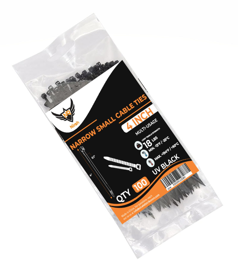 Nirah Zip Ties 4 inch, Black, Small Zip Ties, 100 Pcs in a Resealable Zip Lock Bag. Small Cable Ties Black for Indoors and Outdoors Use, Industrial Grade 4" 100 pk 18lbs Uv Protected Black