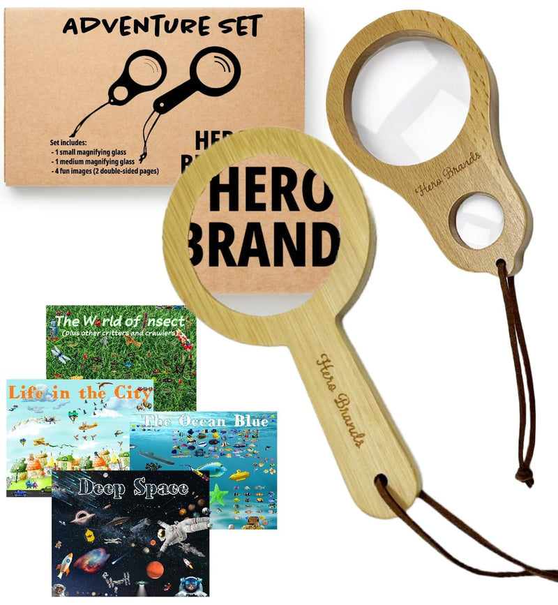 Adventure Set - 2X Wood Magnifying Glass for Kids with 4 Pictures - Wooden Montessori Toy - Learn and Explore 2 Pieces