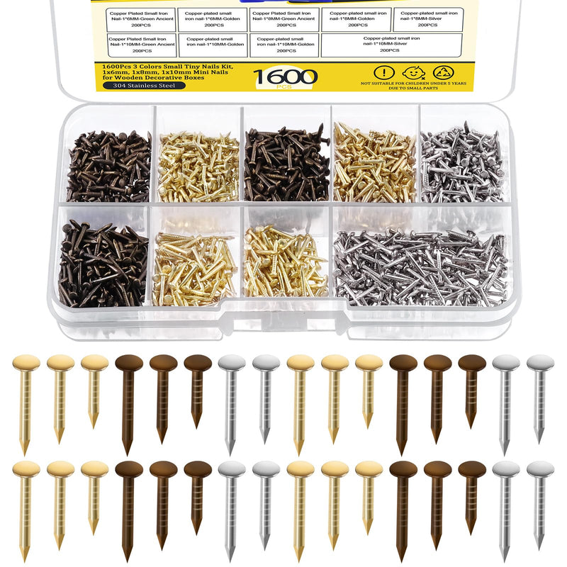 1600Pcs 3 Sizes Small Tiny Nails Assortment Kit, 1x6mm, 1x8mm 1x10mm Tiny Wooden Nails Hardware Tiny Nails Assorted Wall Nails Set for Pictures Hanging Woodworking Gold Bronze Silver