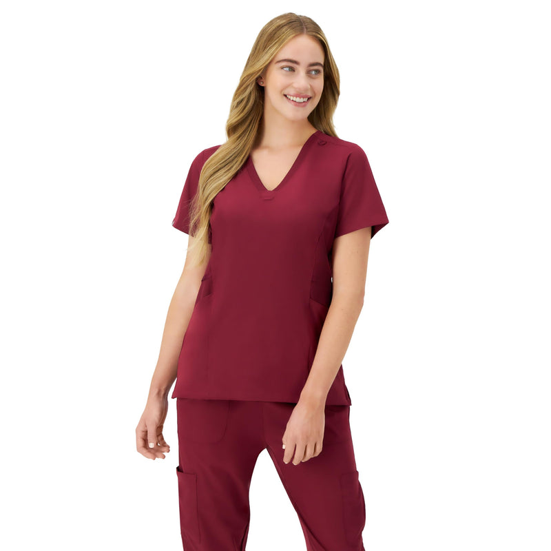 Hanes Women's Scrubs Healthcare Top, Moisture-Wicking Stretch Scrub Shirts, Ribbed Side Panels Medium Afternoon Burgundy