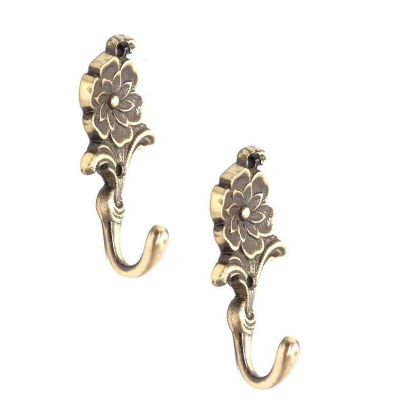 FAPBADRI Multipurpose Hooks, Used to Hang Clothes, Bags, Coats, Curtain Hold Backs, Keys, Colour - Antique Gold, Material - Brass, Flower Design, Screws and Wallplugs Included, Pack of 10 Pieces Antique Gold Flower Hook - 10pcs