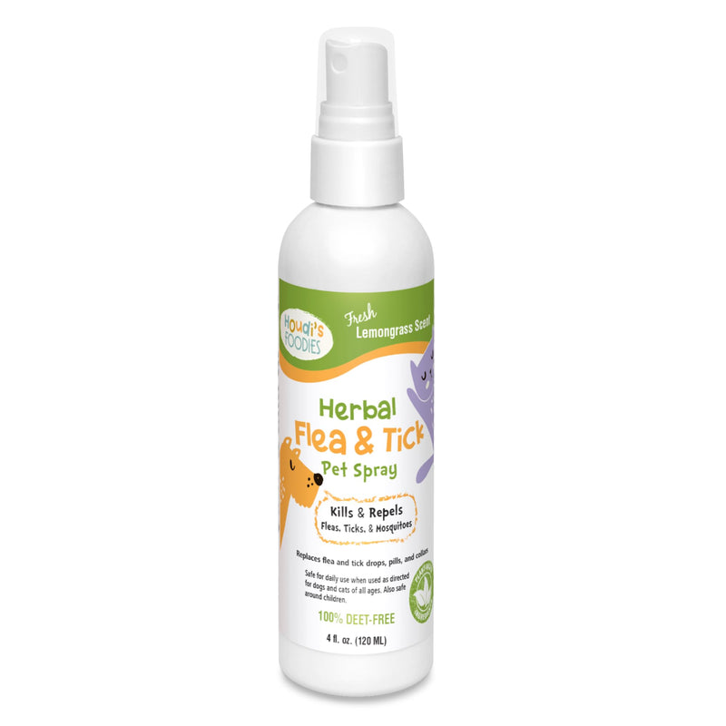 Houdi's Foodies Herbal Flea & Tick Pet Spray by North American Herb & Spice - Lemongrass Scent - 4 fl oz - Kills & Repels Fleas, Ticks + Mosquitoes - DEET-Free, Plant-Based Formula