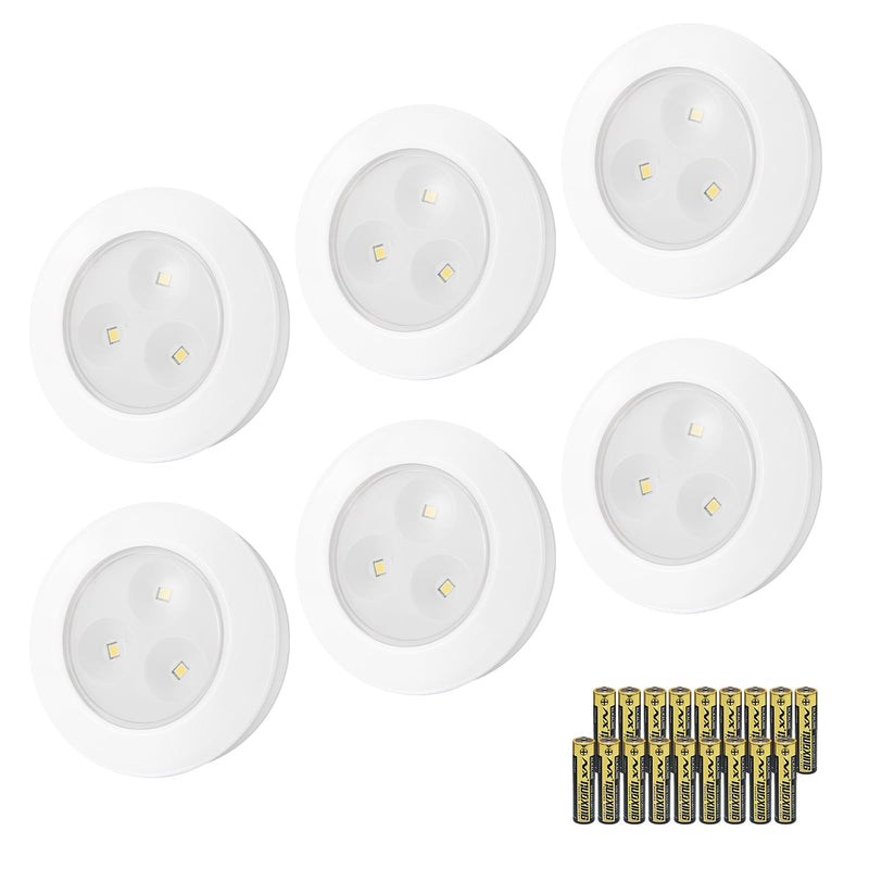 LUXSWAY LED Puck Lights Tap Lights, Battery Operated Mini Push Lights, LED Under Cabinet Lighting, Stick on Lights, Kitchen Closet Counter Night Lights (Included 18 AAA Batteries, 6-Pack, White) WH-6 Pack-Batteries Included