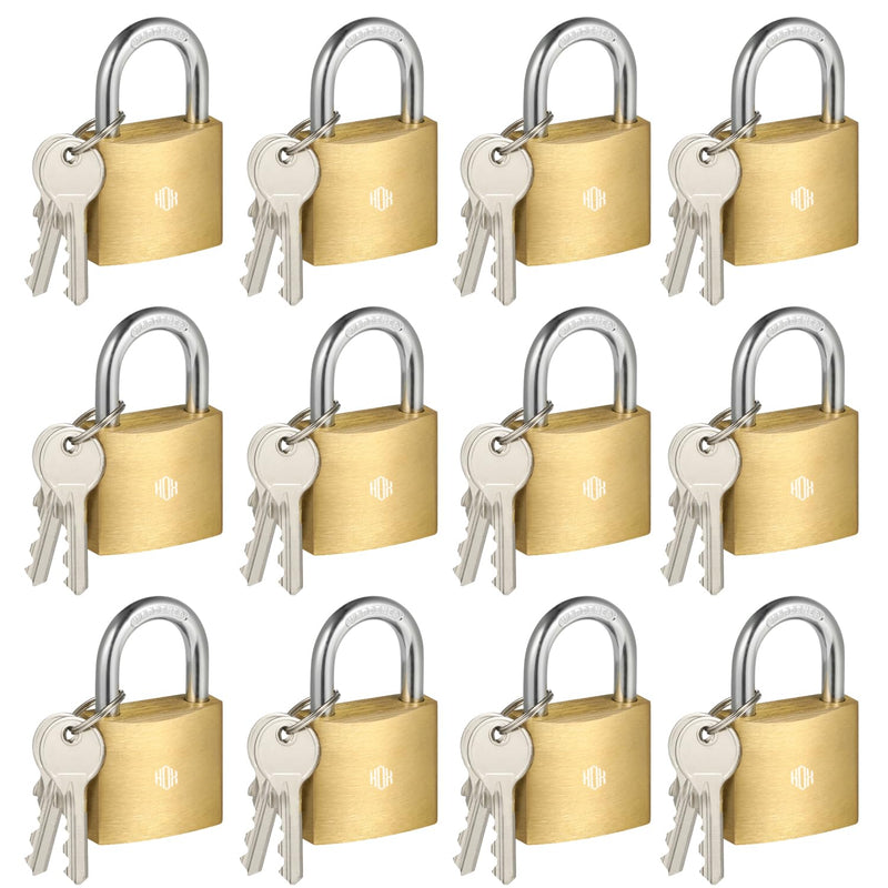 HOX 12-Pack Keyed Padlock, Waterproof and Rustproof, Solid Brass Lock with 1-1/4" Wide Body, Padlock with Keys for Storage Unit, Sheds, Garages and Fence 12Pack