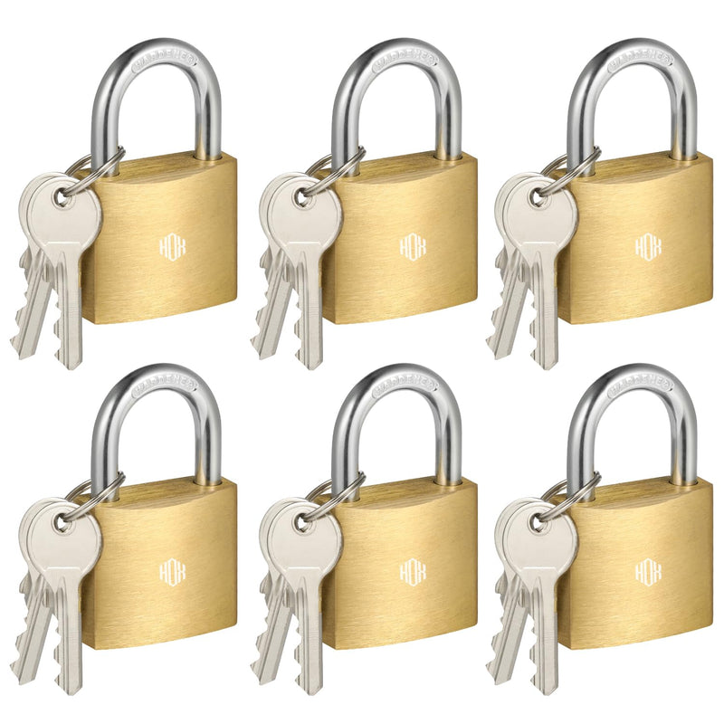 HOX 6-Pack Keyed Padlock, Waterproof and Rustproof, Solid Brass Lock with 1-1/4" Wide Body, Padlock with Keys for Storage Unit, Sheds, Garages and Fence 6 Pack