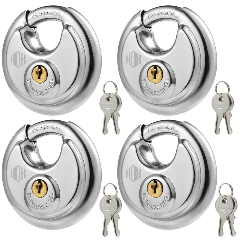 HOX Keyed Disc Padlock, Stainless Steel Keyed-Alike Padlocks, 4-Pack Heavy Duty Locks, Waterproof Outdoors Lock with 3/8 Inch Shackle, 2-3/4 Inch Wide Body, for Hasp Latch, Fences, Storage Locker DP-4P