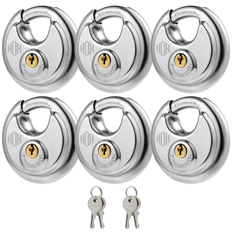HOX Keyed Disc Padlock, Stainless Steel Keyed-Alike Padlocks, 6-Pack Heavy Duty Locks, Waterproof Outdoors Lock with 3/8 Inch Shackle, 2-3/4 Inch Wide Body, for Hasp Latch, Fences, Storage Locker DP-6P