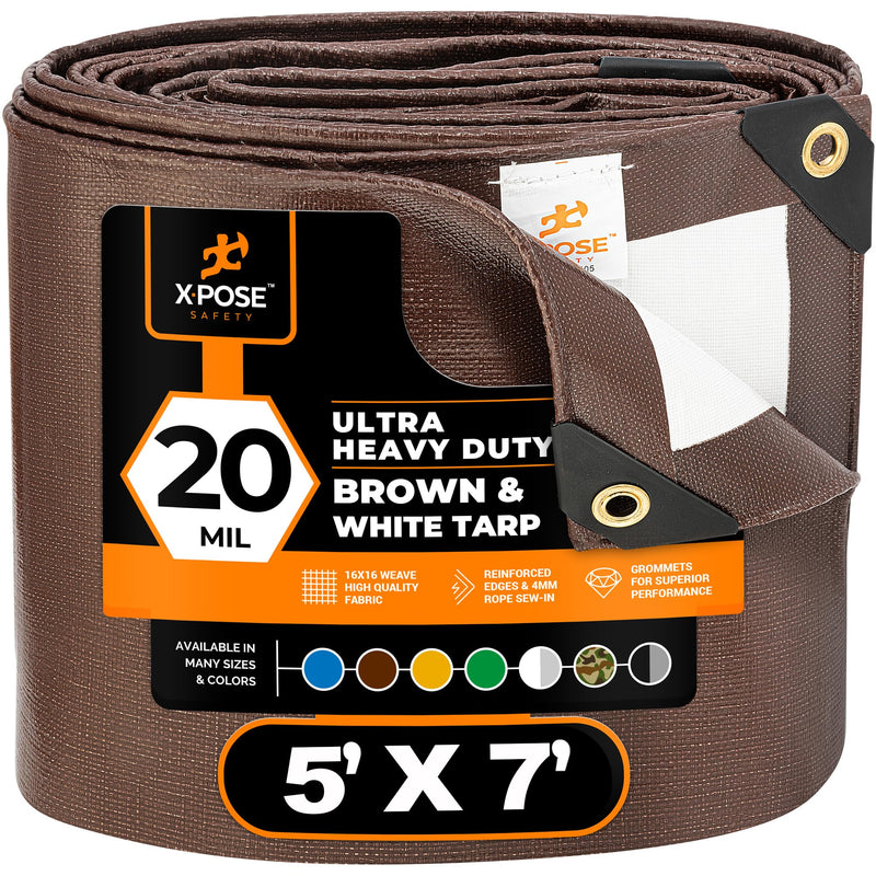 5' x 7' Brown/White Ultra Heavy Duty Tarp - 20 Mil Tarps Heavy Duty Waterproof 5x7 - Large Outdoor Tarp, Waterproof Tarp Cover for Rain Camping, Tent Tarp, UV Protection, Reinforced Corners 5' x 7'